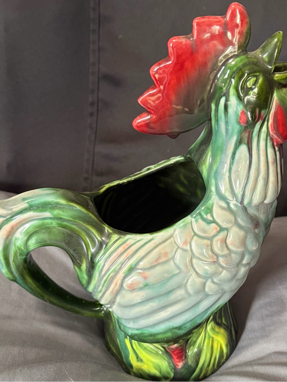 Vintage Alice California Ceramic Rooster Planter Pitcher - Green and Red